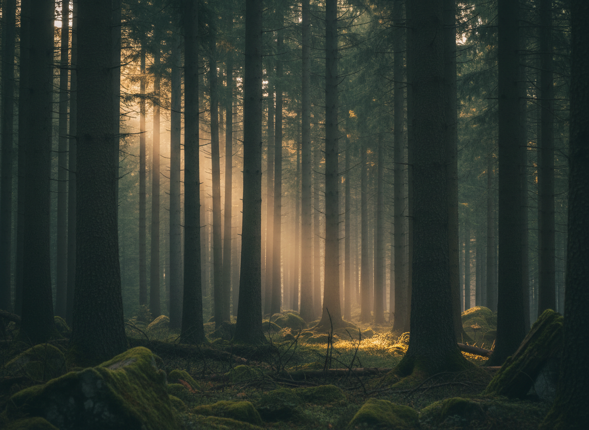 Misty timberland forest at dawn with golden light through tall pines