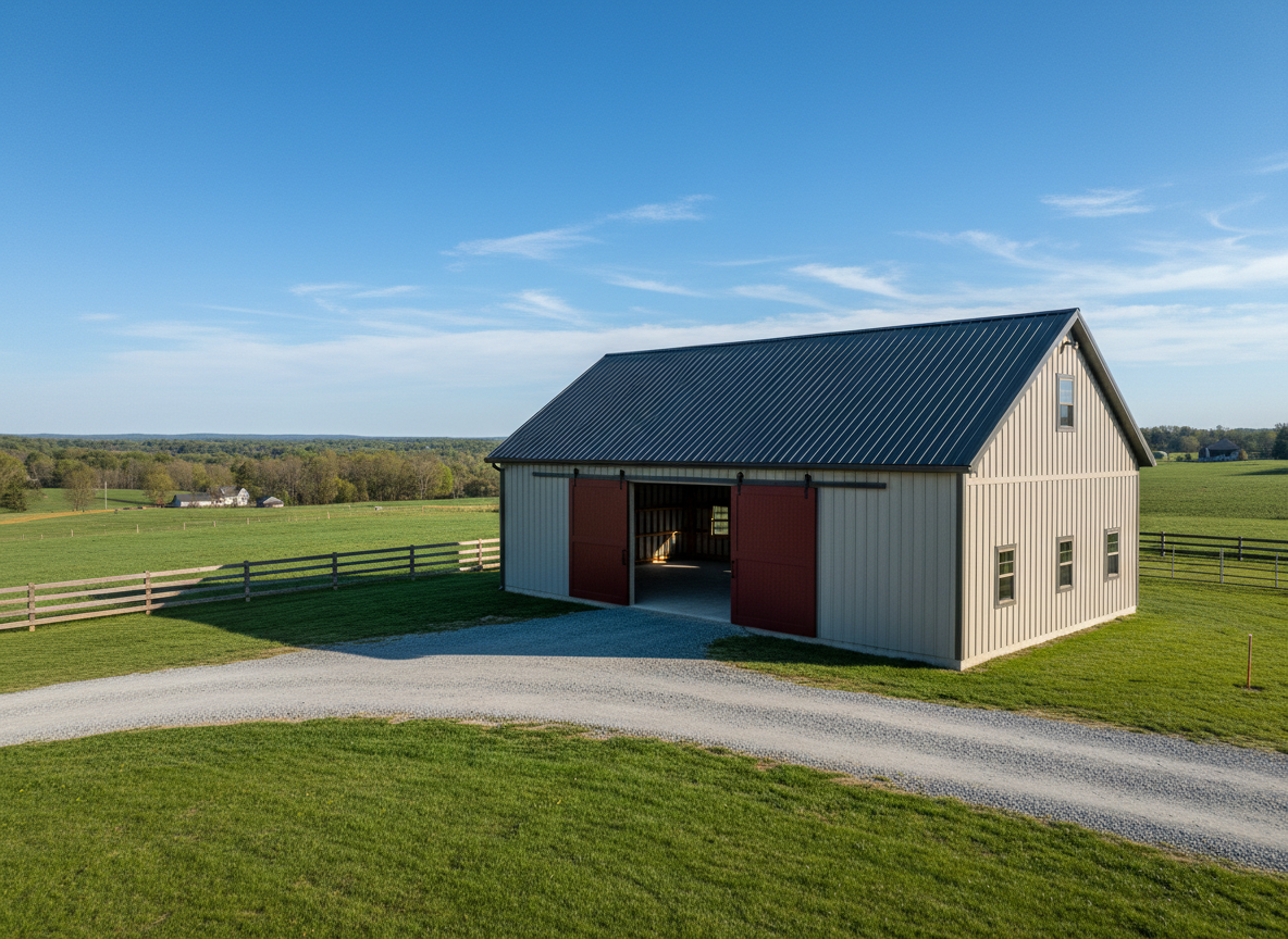 Newly built pole barn with metal roof on rural property