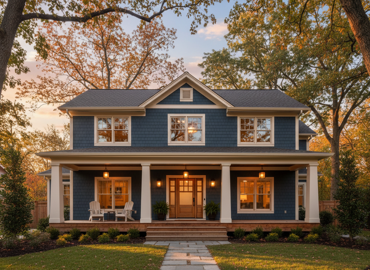 Newly renovated craftsman-style residential home exterior at golden hour