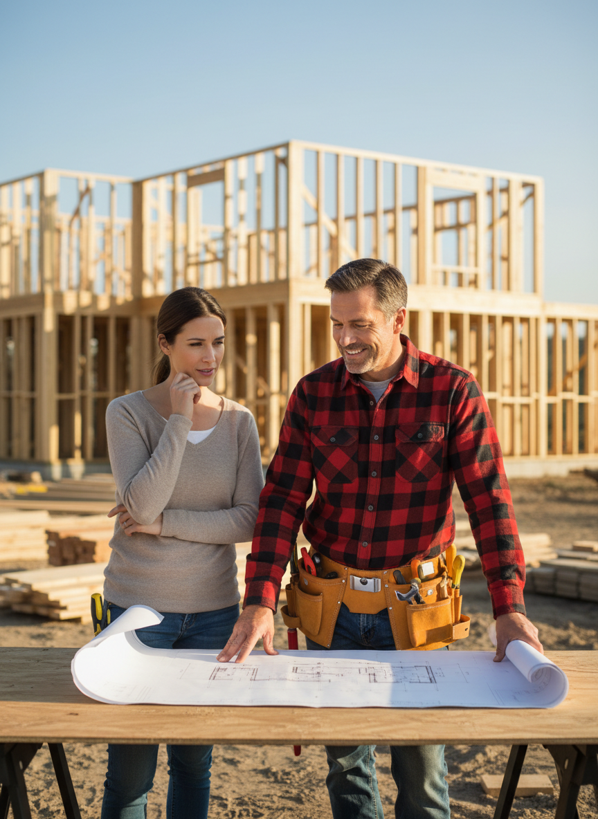 Contractor reviewing blueprints with a homeowner on a job site