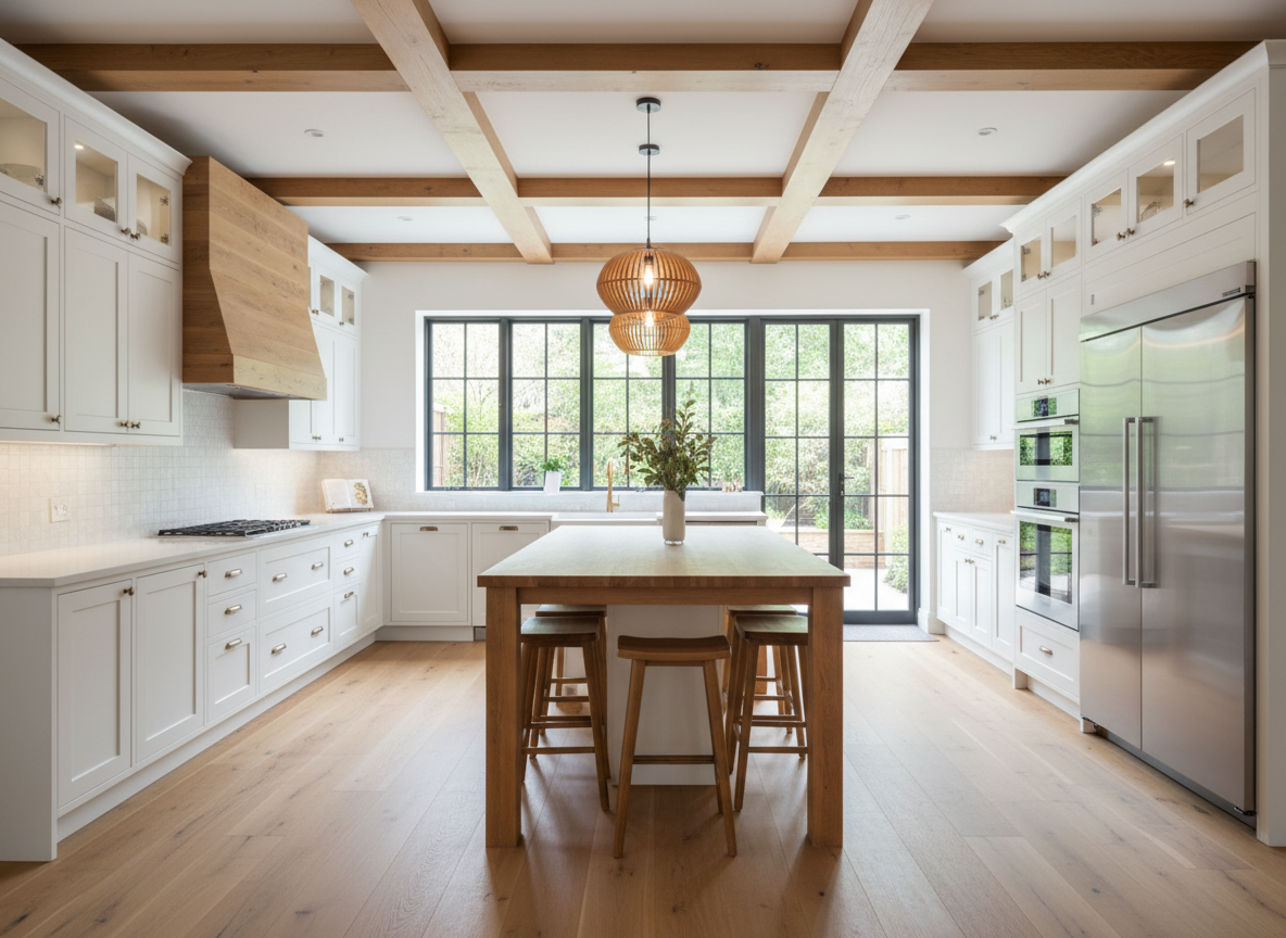 Fully remodeled open-concept kitchen with island and wood accents
